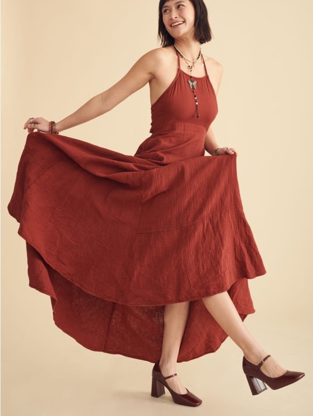 Halter High-Low Maxi Dress in Rust